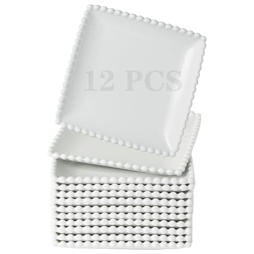 Image of TAMAYKIM 6 Inch Porcelain Dessert Plates, Appetizer Plates, Square Shape Small Dinnerware Sets, Scratch Resistant, Microwave, Oven, and Dishwasher Safe, White with Pearl Dots, 12 Pieces