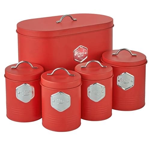 Image of Cooks Professional 5 Piece Tea Coffee Sugar Bread & Biscuit Cannister Set | Labelled Storage Tins | Containers with Airtight Lids | Canisters for Kitchen Accessories & Essentials | Red & Silver