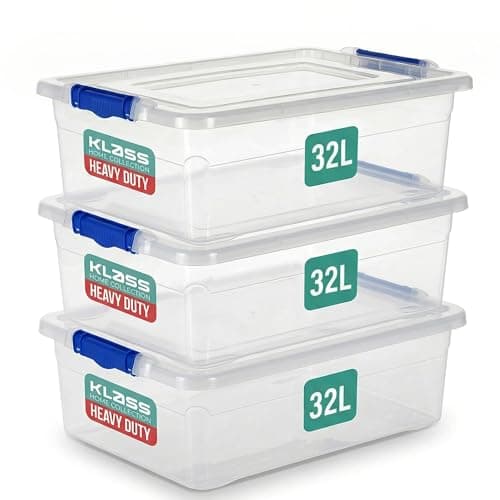 Image of Klass Home Collection 3 x 32 Litre Storage Boxes with Lids Set of 3, Clip-Lock Lid, Sturdy 32L Clear Stackable Plastic Storage Box With Lid Containers For Home, Kitchen, Moving, Garage & Office