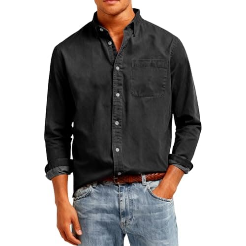 Image of Mens Smart Casual Shirt, Long Sleeve Cotton Casual Summer Beach Tops Lightweight Breathable Button Down Top Shirt Top (5XL, Schwarz)