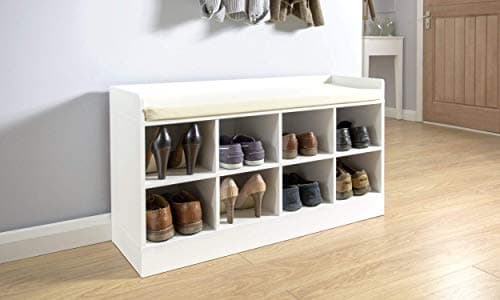 Image of GFW Kempton, Shoe Storage Bench With Cushion, Contemporary Shoe Cabinet With 8 Storage Compartment For Hallway, Living Room, Wooden Bedroom Furniture, White, H-56cm x W-97cm x D-34cm