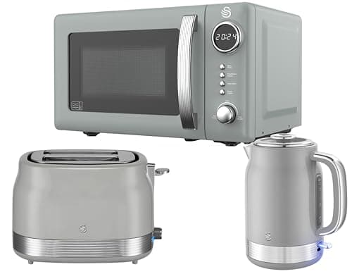 Image of Swan Retro Revive Grey Kitchen Appliance Bundle – 1.7L Rapid Boil Kettle, 2 Slice Toaster & 800W 20L Digital Microwave, Retro Gloss Finish with Chrome Accents