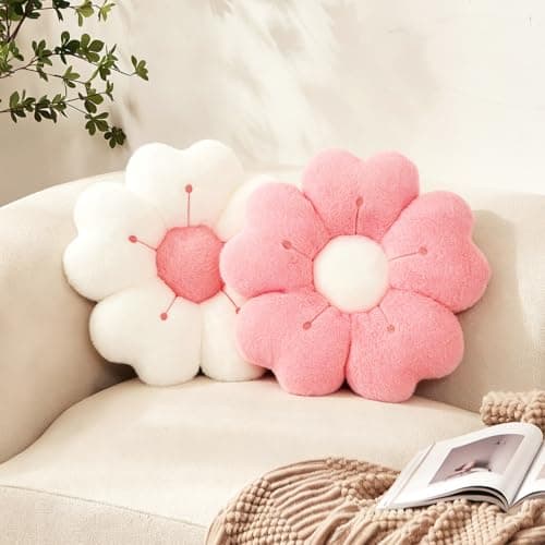 Image of 2Pcs Flower Pillow,34cm Plush Thick Flower Cushion White & Pink Aesthetic Daisy Pillow,Soft Fluffy Preppy Cushion Lumbar Suppor Mat Room Decor for Car Home Sofa Chair Bedroom Floor(Pink+White)