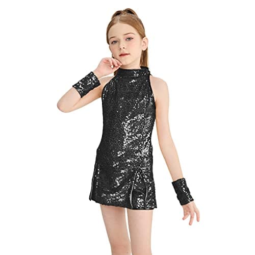 Image of LOLANTA Girls Sequins Jazz Dance Costume Child Sparkle Mini Dress Hip Hop Dance Clothes Set Top+Pants+Socks, Black, 12-13 Years, 170