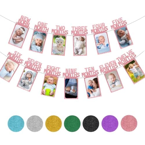 Image of Rose Gold 1st Birthday Baby Photo Banner for Baby Girls Newborn to 12 Months Display Party Decoration, Monthly Milestone Photograph Bunting Garland, First Birthday Celebration Decoration