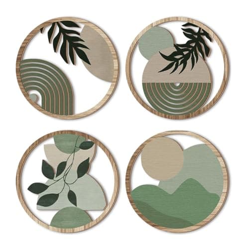 Image of ACOLY 4PCS Boho Wall Art Decor, Wooden Decorative Round Hollow Wall Hanging, Green Botanical Neutral Geometric Art for Living Room, Bedroom, Office