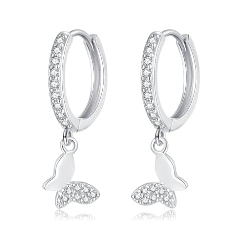 Image of Cangall Silver Drop Hoop Earrings for Women, 925 Sterling Silver Butterfly Dangle Earrings, Hypoallergenic Small CZ Cartilage Cuff Silver Sleeper Earrings with Dainty Butterfly Dangling