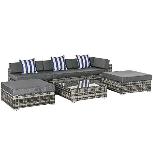 Image of Outsunny 6 Pieces Rattan Garden Furniture Set, 5 Seater Garden Sofa Set with Thickened Cushions, Glass Top Coffee Table and Ottomans, Outdoor Sectional Conservatory Furniture with Pillows, Grey