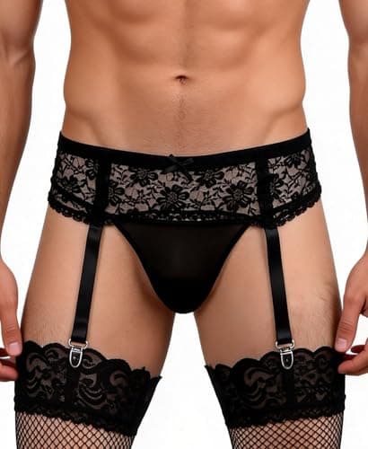 Image of ohyeahlady Mens Lace Sheer Suspenders Sissy Sexy Underwear Lingerie Thongs with Garter for Stockings, Black 4 Strong Clips Suspender Belt M