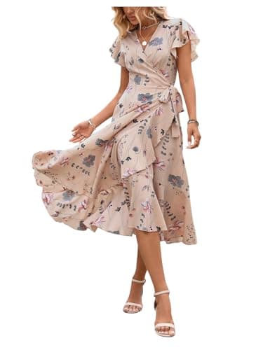 Image of GORGLITTER Floral Holiday Dresses for Women UK Wrap V Neck Ruffle Sleeve Tie Knot Flared Ruffled Midi Dress Khaki Medium