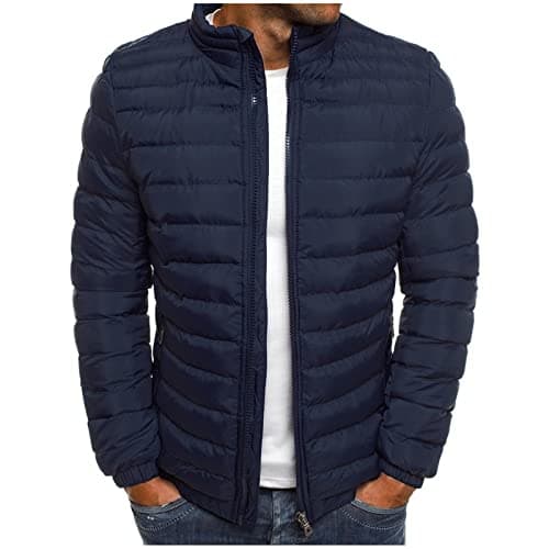 Image of Mens Puffer Jacket without Hood Lightweight Padded Jackets for Men Long Sleeve Zipped Quilted Jacket Solid Colour Fitted Coats Transitional Tops Outdoor Winter Walking Outfits