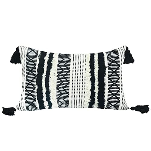 Image of LIGICKY Decorative Boho Lumbar Pillow Covers, Black and White, 30 x 50 cm, Neutral Accent Rectangle Throw Pillow Covers, Hand-Woven Tufted Tassel Farmhouse Pillowcase for Couch Sofa Bed Living Room