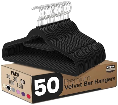 Image of Utopia Home Pack of 50 Velvet Suit Hangers with Tie Bar - Heavy Duty Non-Slip Premium Hangers for Adult Clothes - 360 Degree Swivel Hook, Black