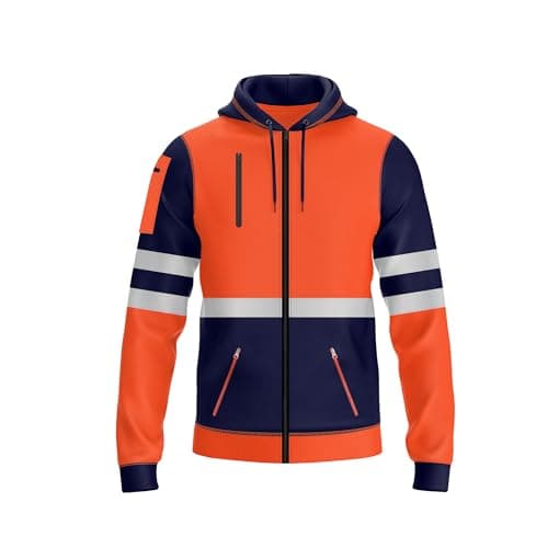 Image of NOROZE Mens Hi Vis Hoodie with Reflective Tape, High Visibility Full Zip Hoodie for Safety Workwear, Zipped Pockets High Vis Hoodie, Durable Work Hoodies for Men (XL, Style 1: Neon orange/Navy)