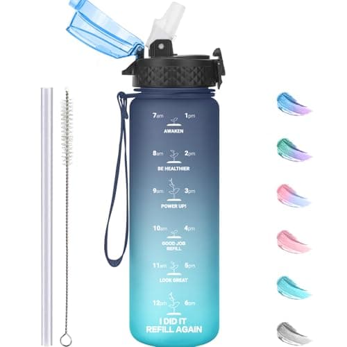 Image of GOPPUS 500ml/17oz Kids Water Bottles with Straw Tritan Childrens Bottle with Flip Top Lid BPA Free Measured Drinks Bottle with Strap Sports Reusable Time Markings Leakproof (Gray Blue)