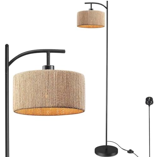 Image of ArcoMead Floor Lamp for Living Room, 160 cm Farmhouse Rattan Standing Lamp, Industrial Black Metal Floor Light, E27 Socket, Handmade, Boho Tall Pole Lamp for Bedroom, Office Corner Light