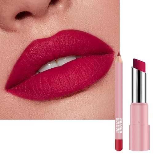 Image of Rose Red Lipstick Lip Liner Set, Matte Pink Lipliner Long Lasting Waterproof Lip Stick, Non-fading Full-Coverage Highly Pigmented Lipsticks Lip Line Pencil Set, Gift for Women