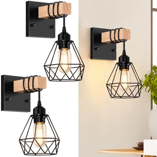Image of Gbood Vintage Wood Wall Lamp E27 Sconce Lights, Black Industrial Retro Wall Sconce, Wooden Black Bathroom Light Fixtures with Metal Cage, Hardwired Farmhouse Wall Lights for Bedroom, Living Room 