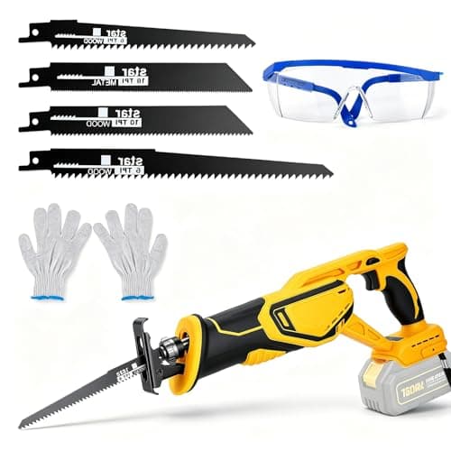 Image of Cordless Reciprocating Saw Compatible, Reciprocating Saw Compatible with De-Walt 20V Max Battery–Brushless Motor, 3500 SPM, 55mm Wood Cutting Depth, with 4 Blades, Safety Glasses & Gloves (Bare Tool)
