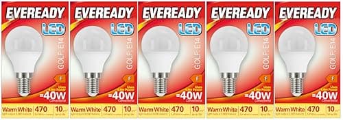 Image of Eveready E14 Bulb LED Golf (SES) 470 lumens 4.9 Watt Warm White 3,000K. Pack of 5 Bulbs