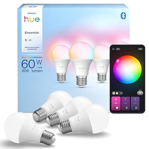 Image of Philips Hue Essential LED A60 Smart Bulb, White and Color Ambiance, E27 Base, 8W, 2200K-6500K, 806 Lumens, Dimmable B22 LED Bulb, Smart Lighting Works with Alexa, Google Assistant, Apple Home, 4 Pack