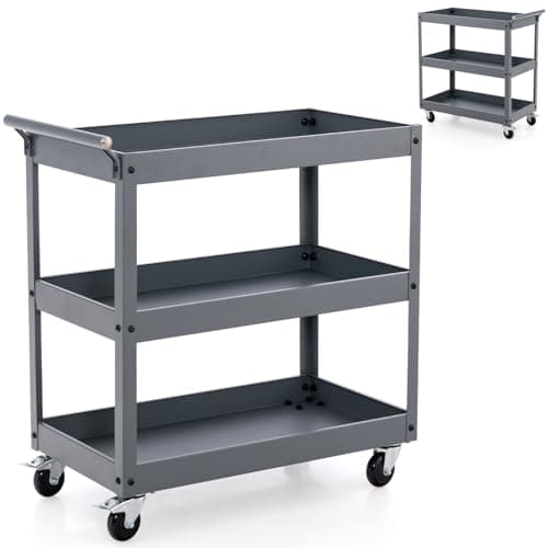 Image of GiantexUK 2/3-Tier Tool Trolley, Metal Frame Utility Service Cart with 4 Wheels & Handle, Heavy Duty Rolling Storage Trolley for Office, Garage, Warehouse and Workshop (3-Tier, Flat Handle, Dark Grey)