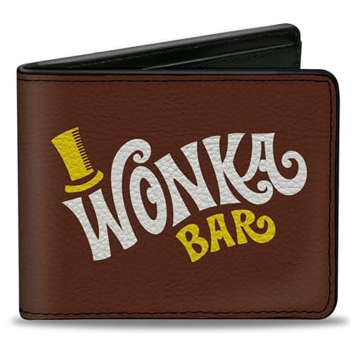 Image of Movies Wallet, Bifold, Willy Wonka and the Chocolate Factory Wonka Bar Wrapper Logo, Vegan Leather, Willy Wonka and the Chocolate Factory