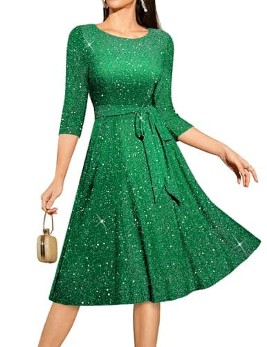 Image of DRESSTELLS Cocktail Dresses for Women, Wedding Guest 3/4 Sleeve Sparkly Holiday Prom Party Dress, Sequin Aline Modest Mother of Bride Midi Dress Glitter Green L
