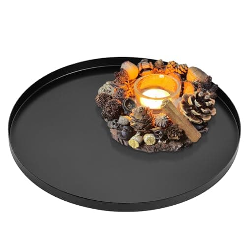Image of Yvttve Round Black Decorative Tray with Anti-slip Mats, Metal Circle Candle Trays, Makeup Organiser Jewelry Perfume Serving Plate (Ø 32 cm, Black Matt)