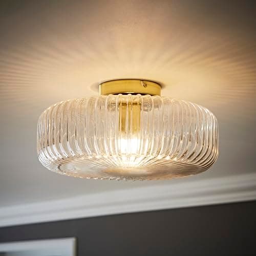 Image of ValueLights | Calpe Antique Brass Large Clear Ribbed Glass Shallow Flush Ceiling Light with Bulb | Ceiling Lights, Home Décor & Improvement Essential | Mains Wired