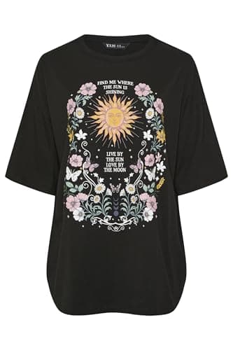 Image of Yours Curve Floral & Sun Graphic Boxy T-Shirt - Women's - Plus Size Curve Black