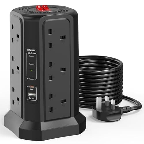 Image of Tower Extension Lead 3M with USB Slots and PD 65W USB C Fast Charger, 5 USB Ports (4C1A) and 12 Way Surge Protected Extension Tower, Extension Cable for Home, Office, Black