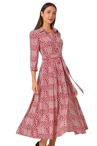 Image of Roman Originals Shirt Dress for Women UK- Ladies Long Sleeve Belted Collared Midi Maxi Winter Autumn Smart Casual Button Through Evening Office A Line Swing Skater - Red Pink - Size 14