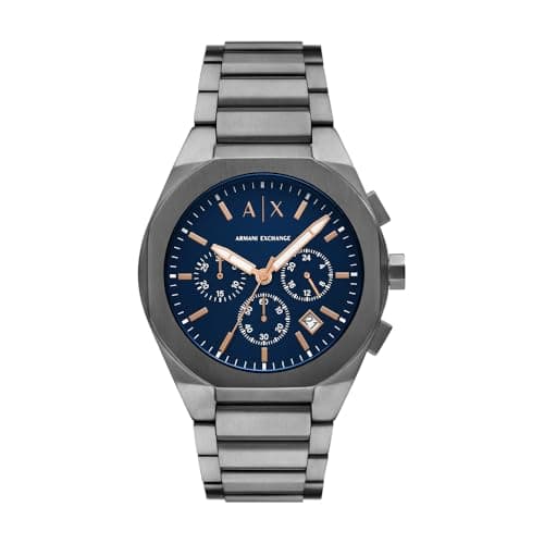 Image of Armani Exchange Watch for Men, Quartz Chronograph Movement and 42mm Case Size with Stainless Steel Strap, Dark Grey and Blue
