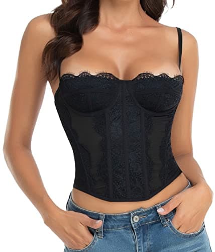Image of Raxnode Lace Bustier Corset Tops for Women - Sexy Going Out Party Club Top with Buckle, Black, Large