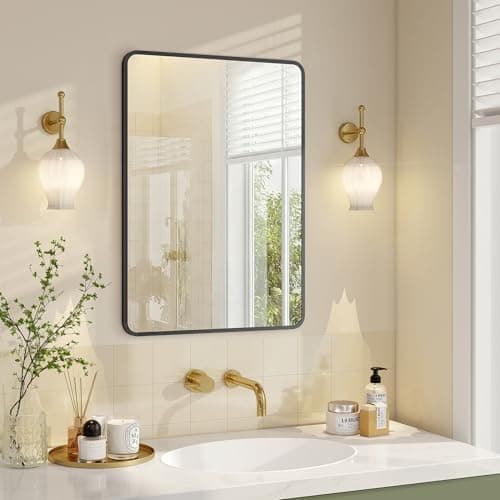 Image of SONGMICS Bathroom Mirror, Wall Mounted Vanity Mirror, Rectangular, Aluminium Frame, 70 x 50 cm, with Safety Film, 2 Mounting Options, for Living Room, Bedroom, Bathroom, Ink Black LWM018BD01