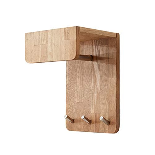 Image of ZHEN GUO Compact Oak Wood Wall Shelf With 3 Metal Hooks, Hat Hanger Wall Mounted Coat Hook Towel Rack With Shelf Storage Hanger Rod, Great For Bathroom, Spa, Hallway, Mudroom, Bedroom, Wooden Style