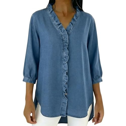 Image of TURWXGSO Women's Summer Denim Blouse V Neck Button Down 3/4 Sleeve Shirt Ruffle Neck Side Split Jean Blouse Casual Elegant Loose Fit Tops Daily Vacation Party Tops for Ladies