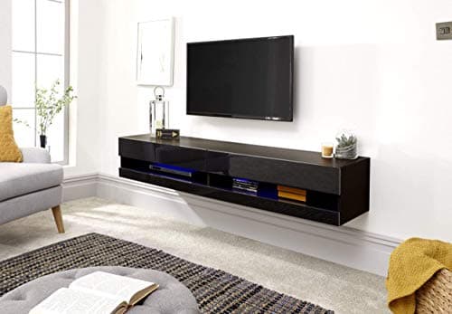 Image of GFW Galicia Wall Mounted High Gloss Featuring A LED Downlight, This Floating TV Unit Console & Television Stand for Living Entertainment Room with Storage Shelves, Engineered Wood, Black, 150cm