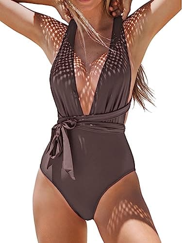Image of CUPSHE Women's One Piece Swimsuit Deep Plunge Crisscross Back Self Tie Swimwear Bathing Suit Swimming Costume Coffee Brown M