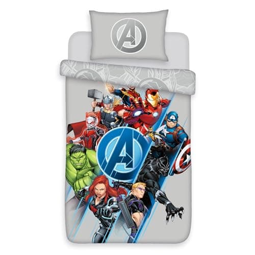 Image of Marvel Avengers Single Duvet Cover Set - Grey Polycotton Bedding with Superhero Characters - 135x200 cm Quilt Cover with 50x75 cm Pillowcase - Kids Bedding Set, Machine Washable, Soft & Durable