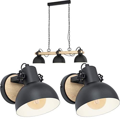 Image of Ceiling Pendant & 2X Matching Wall Lights-Black Industrial Shade & Wood Bar Lamp - Hanging Drop Adjustable Height Lamp Living Room Set Kit