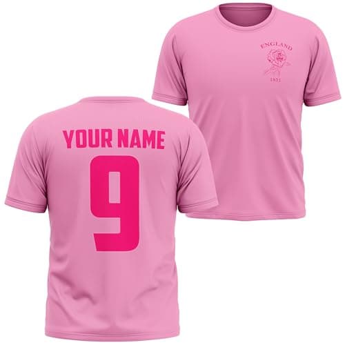 Image of Purple Print House Personalised England Girls T Shirt - Pink English Rose Design with Custom Name and Number - Kids Top for Football Rugby, 12-13 Years, Light Pink
