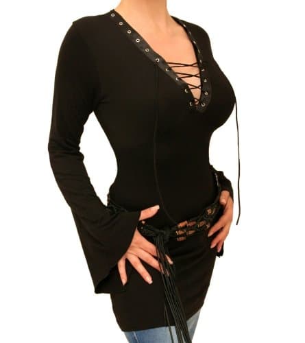 Image of Blue Banana Women's Lace Up Long Bell Sleeved Top - Black Size 12