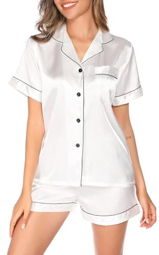 Image of Lovasy Silk Pyjamas for Women Satin Pyjama Set Button Down Ladies Pajamas Classic Short Pjs Sets,White,M