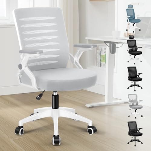 Image of ELFORDSON Ergonomic Office Chair, Mid-back Swivel Desk Chairs for Home Office, Height Adjustable Mesh Computer Chair with 90° Flip-up Armrest and Padded Seat Cushion, Grey