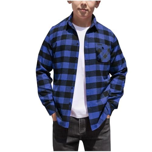 Image of duxyoz Kids Boys Plaid Button Down Shirts Casual Long Sleeve Preppy School Jacket Checked Lapel Collar Formal Shirt Jackets Blue 14-15 Years