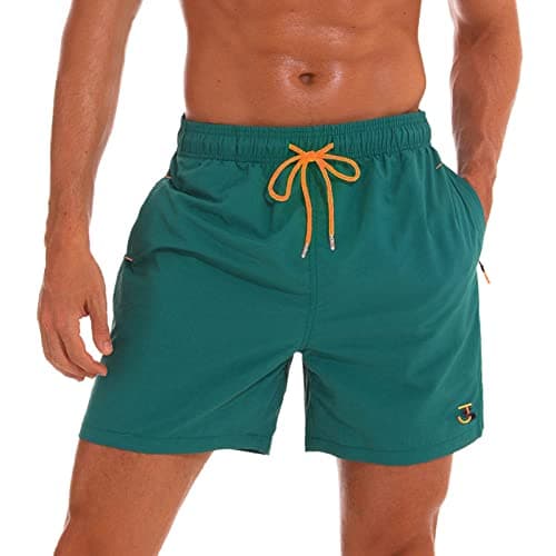 Image of JustSun Mens Swimming Shorts with Zip Pockets Swim Board Shorts Quick Dry Beach Shorts Swim Trunks Surf Shorts Mesh Lining Green 2X-Large