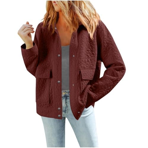 Image of Ladies Trendy Autumn Shacket, Classic Collared Jacquard Trucker Jacket, Casual Button Through City Coat Red