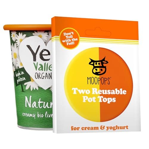 Image of MOOPOPS - Large Pot Tops. 2 Reusable Silicone Lids Specifically Designed to Fit Standard Yoghurt and Cream Pots to Seal in Freshness - Bright (Orange and Yellow)